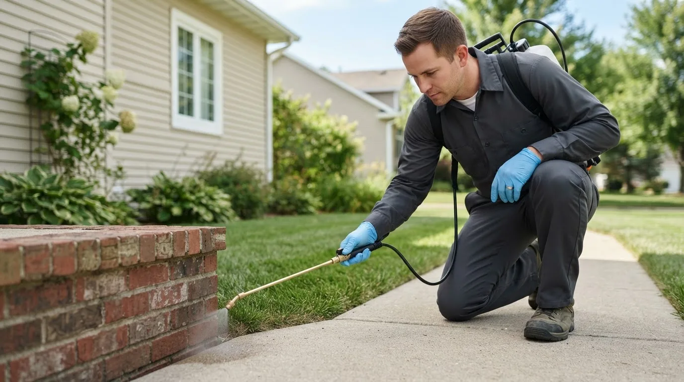 Pest control technician treating a home near Exeter, NH