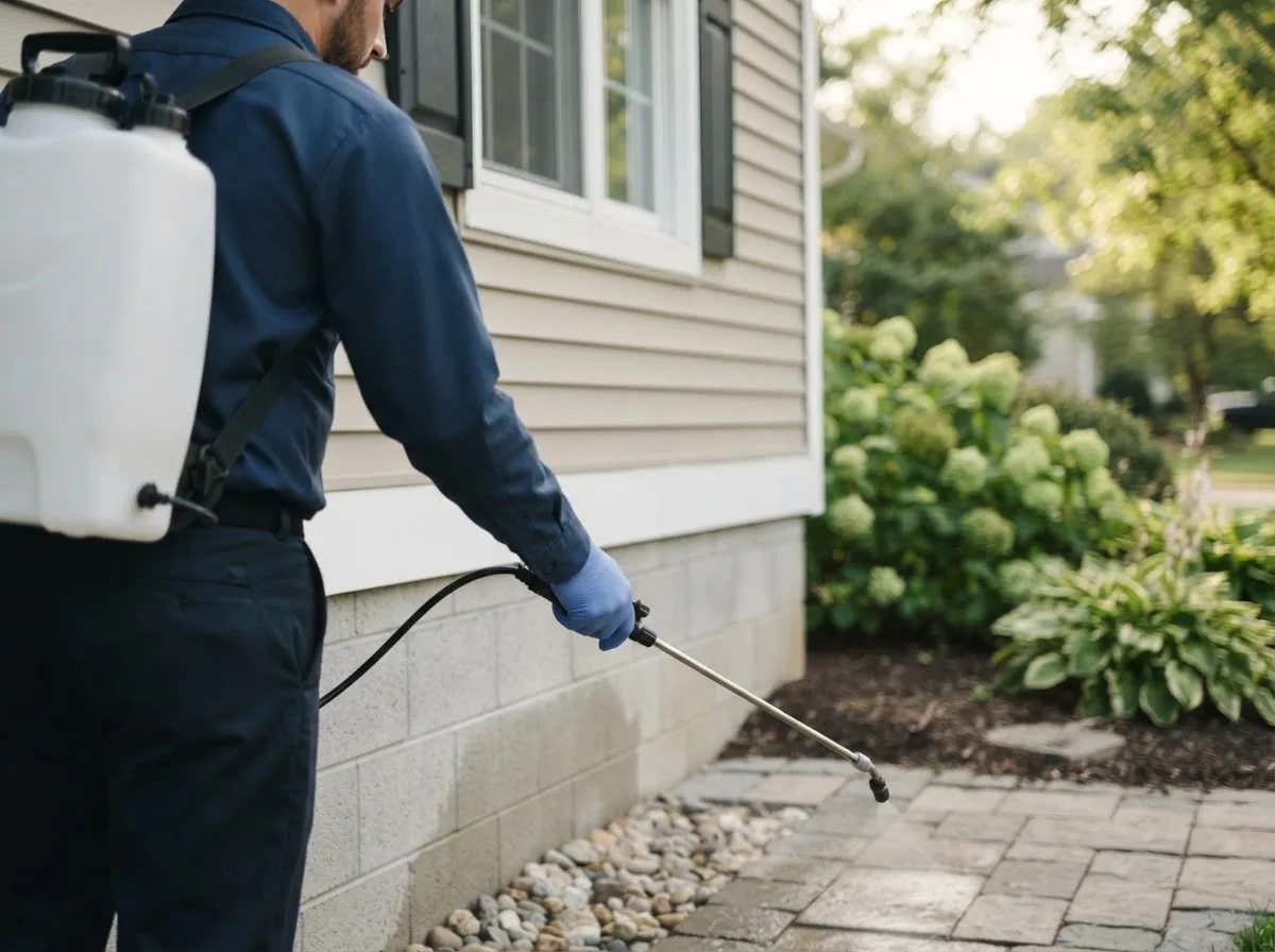 Pest control technician inspecting a home in Exeter, NH